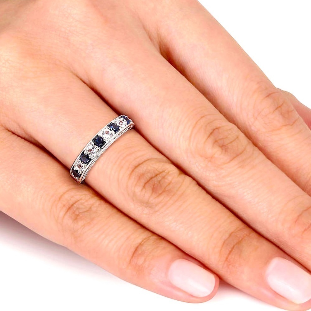 Sterling silver band with blue and white sapphire stones. - Picture 3 of 4